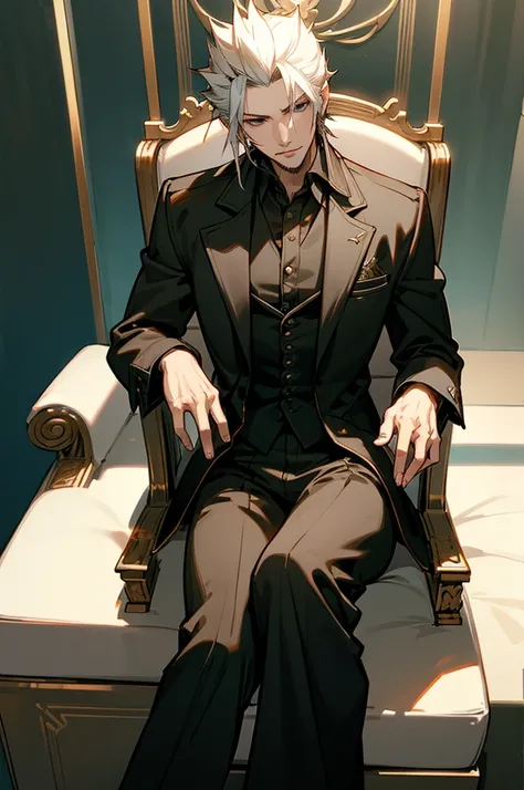  1 male, king regis from final fantasy xv, sitting on a throne, looking at you