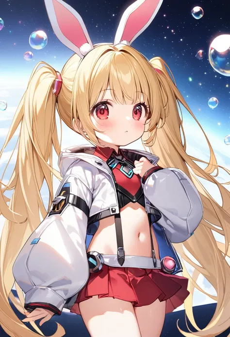 1girl, ,little_girl,ruby, blonde hair, twintails, bangs, red eyes, very long hair, crystal bunny ears, futuristic rabbit ears, wide sleeves, very short jacket, open jacket, white jacket, suspenders, futuristic outfit, bubbles, a space background in the bac...