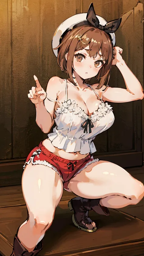 (Highest quality, 8k, masterpiece :1.3),Lizaリン・シュタウト(Lizaのアトリエ),Liza, One woman,Large Breasts,short hair,Brown Hair,hair band,Clothing,hat,White shirt,White camisole,Red shorts,Brown long boots,nsfw,Plump body,Thighs,Full Nelson Pose,Armlock,Piledriver