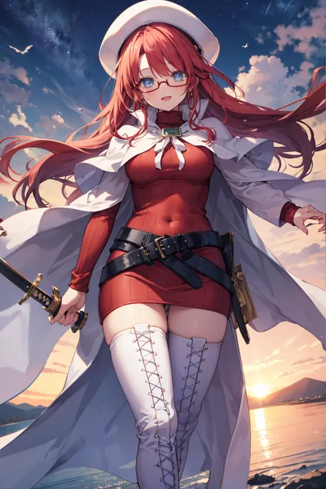 summonnightaty, aty, (young:1.3),long hair, blue eyes, red hair, big_tits, hat, glasses,
BREAK long hair, thighhighs, hat, dress, naked_legs, glasses, belt, cape, sweater, zettai ryouiki, beret, thigh boots, white footwear, ribbed sweater, loose belt,solo,...