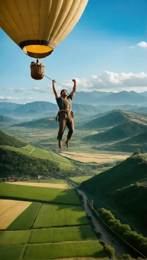 A captivating cinematic-style photograph of 
a man is hanging from a balloon. The scene captures the tense moment before he lets go. The balloon is colorful and large, floating precariously with the man clinging to a rope. He is hanging outside the basket,...