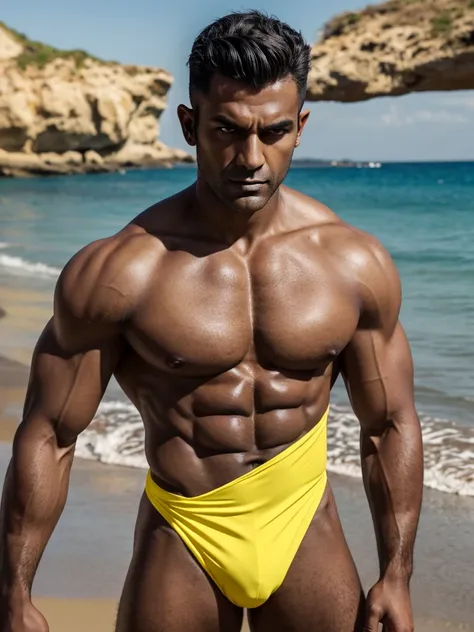 (best quality), 1boy, Male, dark grey skin, muscular, broad, dark grey hair, hair pulled back, medium hair, yellow eyes, perfect eyes, stubble, pointy ears, male swimwear, beach, serious, stoic, vampire, masterpiece, anatomically correct, highres
