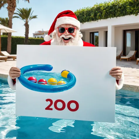 Captures a close-up image from different angles of a swimming pool in which there are white rectangular signs in the water without any text, all posters are the same, In the center of the pool, a fat, smiling Santa Claus bathing in sunglasses floats in the...