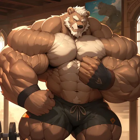 solo, 1boy, a huge muscular furry grizzly bear old man working out in the gym, huge shoulder muscle, shirtless, muscle, strong m...