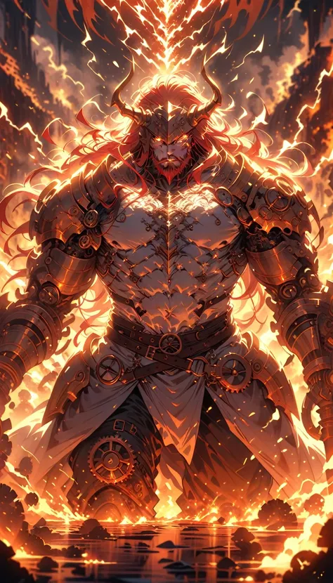 ((best quality)) , ((masterpiece)) , (detailed)，axe, 1boy, male focus, horns, glowing eyes, holding, beard, glowing, solo, weapon, holding axe, facial hair, muscular, fire, holding weapon, chain, looking at viewer, long hair, lightning, muscular male, red ...