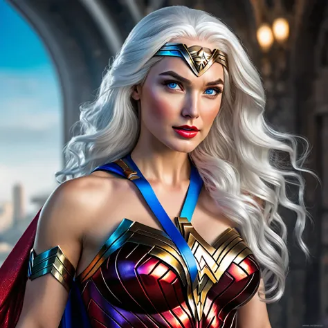 Hyperrealistic full body, a beautiful wonder woman, blue colored eyes, white  hair, wearing intricately detailed colorful clothing and futuristic jewelry.