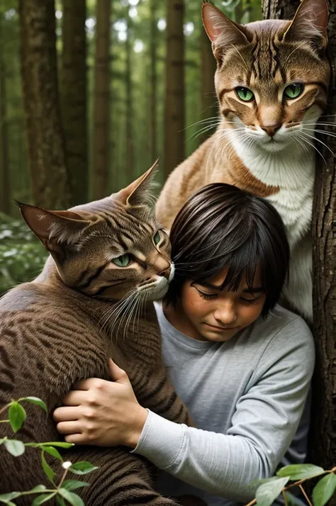 2 cats lost in the forest crying where one of those cats is the dad and the other cat is his son 