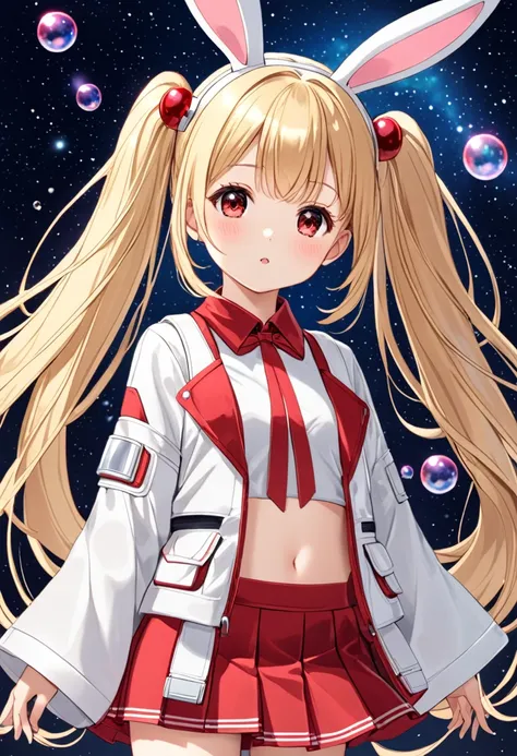 1girl, ,little_girl,ruby, blonde hair, twintails, bangs, red eyes, very long hair, crystal bunny ears, futuristic rabbit ears, wide sleeves, very short jacket, open jacket, white jacket, suspenders, futuristic outfit, bubbles, a space background in the bac...