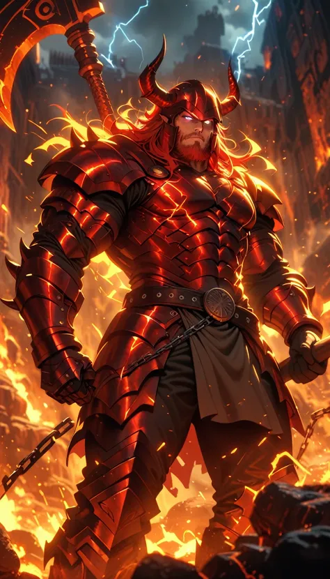 ((best quality)) , ((masterpiece)) , (detailed)，axe, 1boy, male focus, horns, glowing eyes, holding, beard, glowing, solo, weapon, holding axe, facial hair, muscular, fire, holding weapon, chain, looking at viewer, long hair, lightning, muscular male, red ...