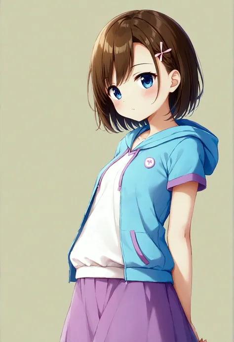 ((Highest quality)), ((masterpiece)), (detailed), , A short-haired girl wearing a short-sleeved hoodie、Summery long skirt、Summertime、whole body、Fullsize、Side Angle、cute、