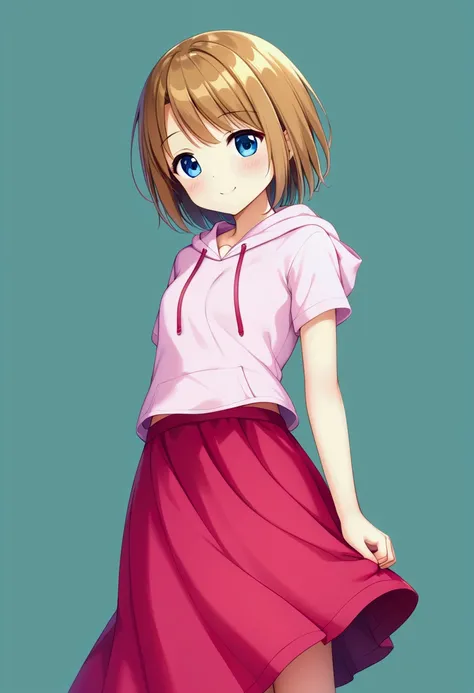 ((Highest quality)), ((masterpiece)), (detailed), , A short-haired girl wearing a short-sleeved hoodie、Summery long skirt、Summertime、whole body、Fullsize、Side Angle、cute、