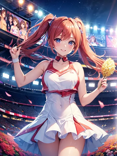 (masterpiece:1.5),(Beat quality),(high res),1girl solo,beautiful face,smile(shining eyes),light effects,Cheer Girl Women,Stadium