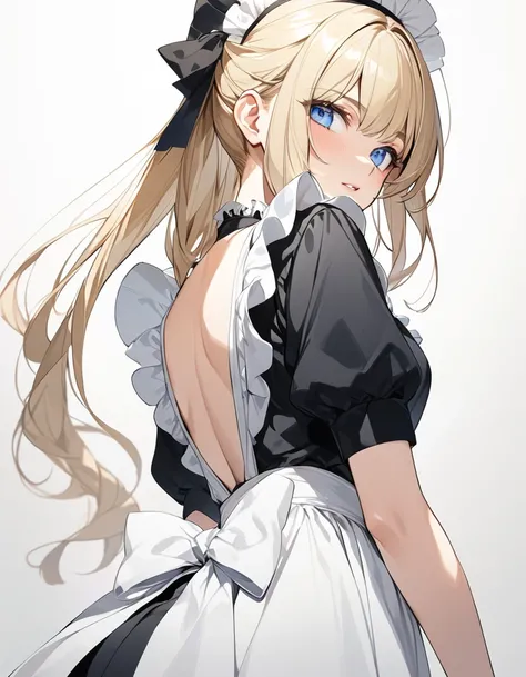 Beautiful girl in maid、(Top quality illustrations:1.2), (pretty girl:1.1), (1 girl、17 years old、Top quality illustrations:1.2), (1 girl、Kind eyes、blue eyes:1.2)、Blonde、Semi-long hair、Mature、(Black and white maid costume) 、from behind, from below, sexy、Whit...