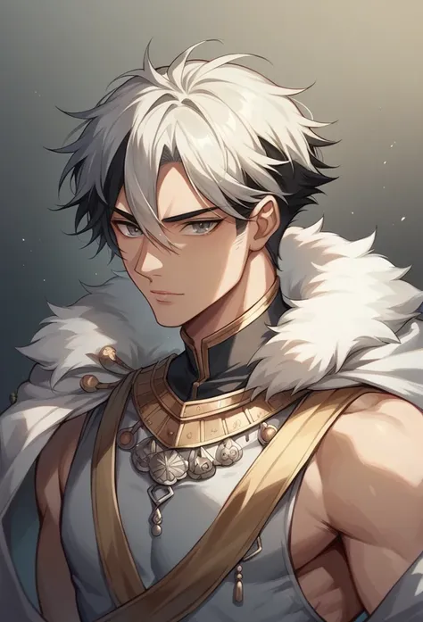 A 20 year old dark prince, with grey eyes and white short hair. The hair has one strand of black hair. He is very beautiful wears the color black