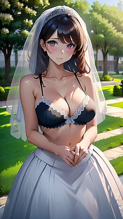 Girl with huge breasts in a micro bra in a wedding dress with a lace neckline in the park with a veil and bouquet