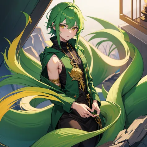 anime male tha thas green hair and yellow eyes that is a Lamia