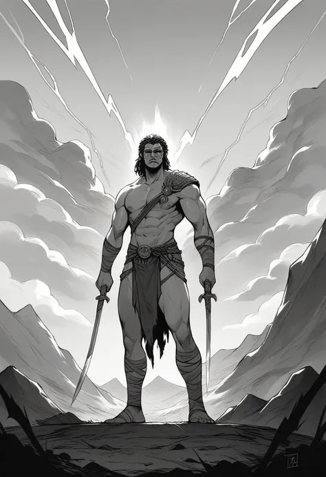 Zeus, the Greek god of thunder, standing on a mountaintop, wielding a lightning bolt, in black and white modern style."
