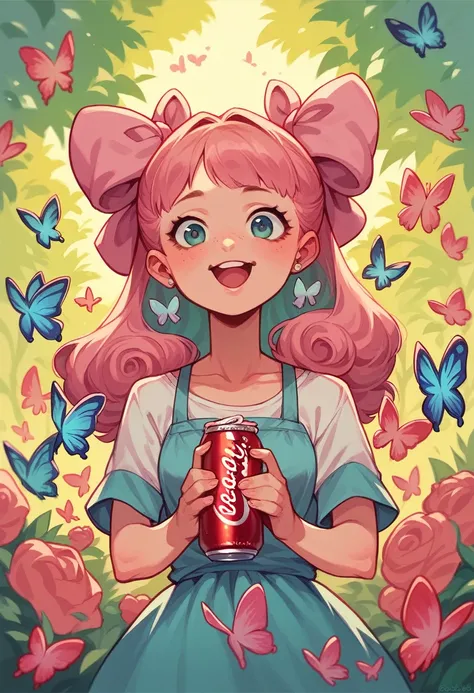 A pink coca cola in the can with several bows and butterflies