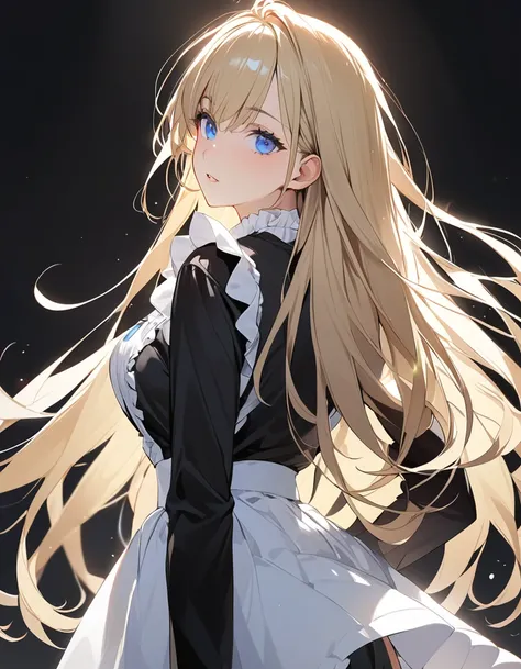 Beautiful girl in maid、(Top quality illustrations:1.2), (pretty girl:1.1), (1 girl、17 years old、Top quality illustrations:1.2), (1 girl、Kind eyes、blue eyes:1.2)、Blonde、Semi-long hair、Mature、(Black and white maid costume) 、from behind, from below, hip focus...