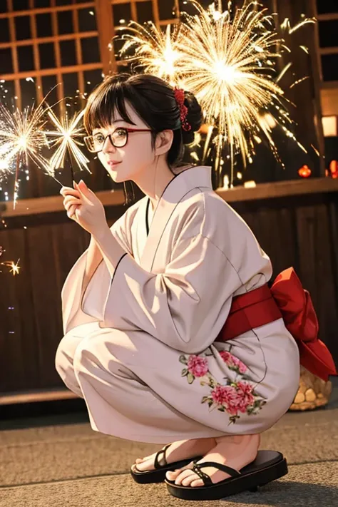 Highest quality、masterpiece、High sensitivity、High resolution、Detailed Description、Slender women、Glasses、Do sparklers、Squatting in a yukata、Wearing Geta、