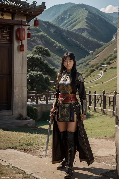 A Chinese-style female warrior holding a long sword is handsome and cool with a landscape in the background