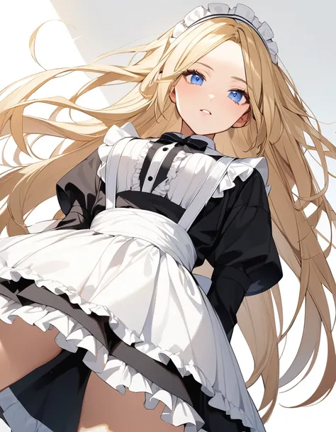 Beautiful girl in maid、(Top quality illustrations:1.2), (pretty girl:1.1), (1 girl、17 years old、Top quality illustrations:1.2), (1 girl、Kind eyes、blue eyes:1.2)、Blonde、Semi-long hair、Mature、(Black and white maid costume) 、from behind, from below, hip focus...