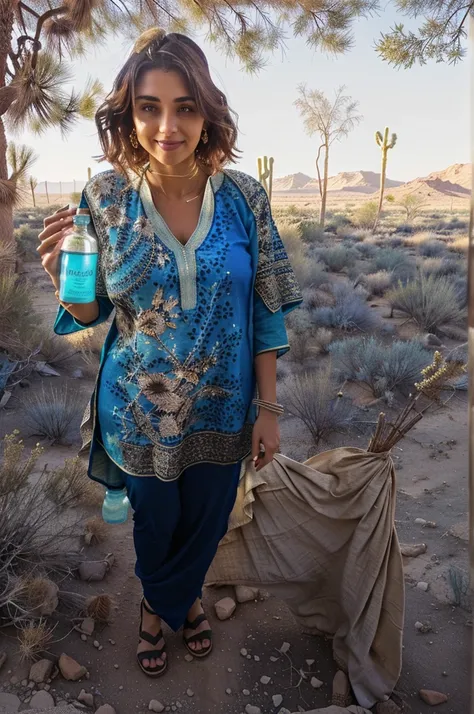 there is a woman standing in a dirty area holding a cell phone, Wearing an old tunic, blue tunic, wearing a kurta de seda, full length portrait holding bottle, holding a bottle of arak, fechar photo by full body, photo by full body, wearing a kurta, wearin...