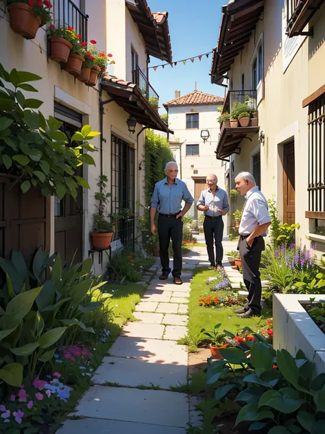 Group of middle age Spaniards working together in a small vegetable garden, 2 storey modern glassy building in the background 