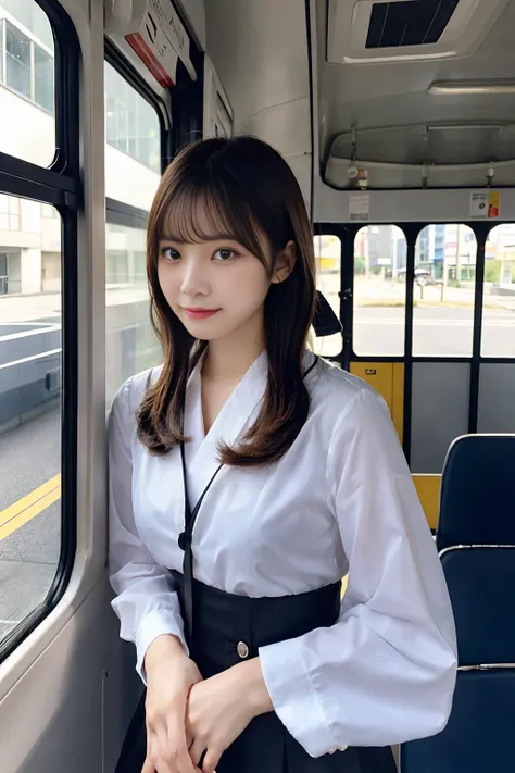 Create a close-up image of a beautiful Japanese woman who works as a bus guide with a seductive expression.。She wears a tight uniform、プロフェッショナルさとcharmを強調しています。Her hair was neatly tied up.、She has an elegant look with her short hair style.。The background is...