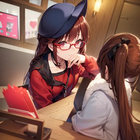 Otaku Girlischievous look、Red glasses、Horse&#39;s ears、Wearing a light blue winter jacket、Black turtleneck inner top、Big Breasts、Red Eye、Brown Hair、short hair、White mesh bangs、black wide pleated skirt、Black knee socks、Black short boots、evening、Sunset sky、S...