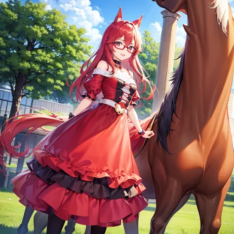 Otaku Girlischievous look、Red glasses、Horse&#39;s ears、Wearing a light blue winter jacket、Black turtleneck inner top、Big Breasts、Red Eye、Brown Hair、short hair、White mesh bangs、black wide pleated skirt、Black knee socks、Black short boots、evening、Sunset sky、S...