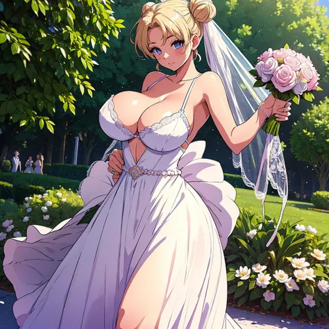 Huge breasts in a micro bra in a wedding dress with a lace neckline in the park with a veil and bouquet