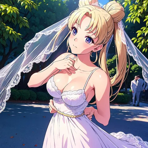 huge breasts in a micro bra in a wedding dress with a lace neckline in the park with a veil and bouquet