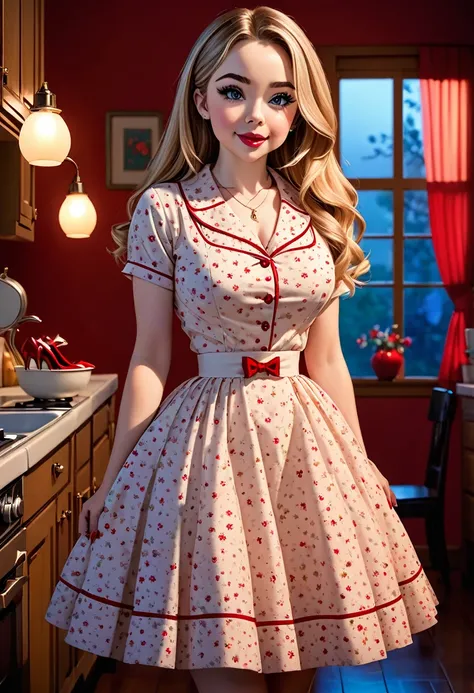 50s house wife. full length. featuring warm lighting and shadows. should be of the highest quality, a masterpiece with intricate details. Hands on hips. cute 50s house wife dress. Red high heels. She should have luscious lips, a wide smile, and bright, exp...