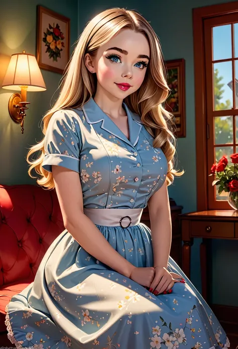 50s house wife. full length. featuring warm lighting and shadows. should be of the highest quality, a masterpiece with intricate details. Hands on hips. cute 50s house wife dress. Red high heels. She should have luscious lips, a wide smile, and bright, exp...