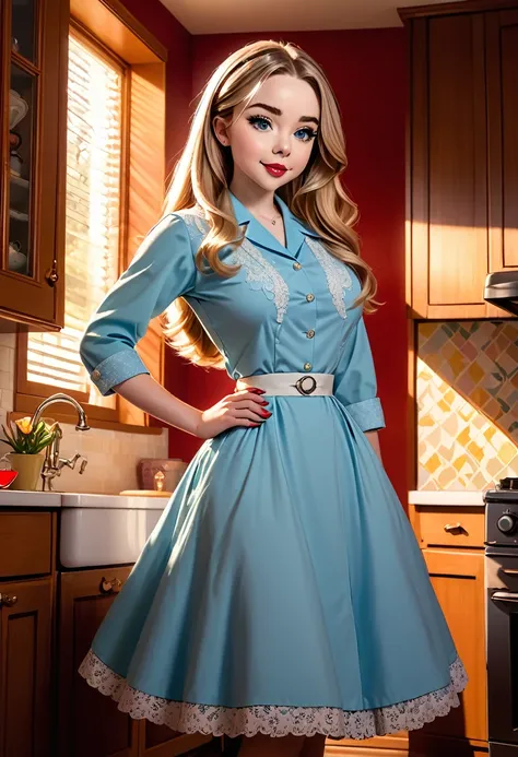 50s house wife. full length. featuring warm lighting and shadows. should be of the highest quality, a masterpiece with intricate details. Hands on hips. cute 50s house wife dress. Red high heels. She should have luscious lips, a wide smile, and bright, exp...