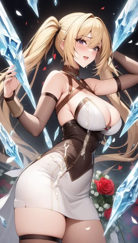 masterpiece, best quality, very aesthetic, absurdres, 1girl, mature_lady,white_dress,(cum_on_body:1.2),,marie_rose(dead_or_alive), dead_or_alive_5, 1girl, long_hair, twintails, blonde_hair, x_hair_ornament, ,rose,dark_background,  flower, ice_flower, icicl...