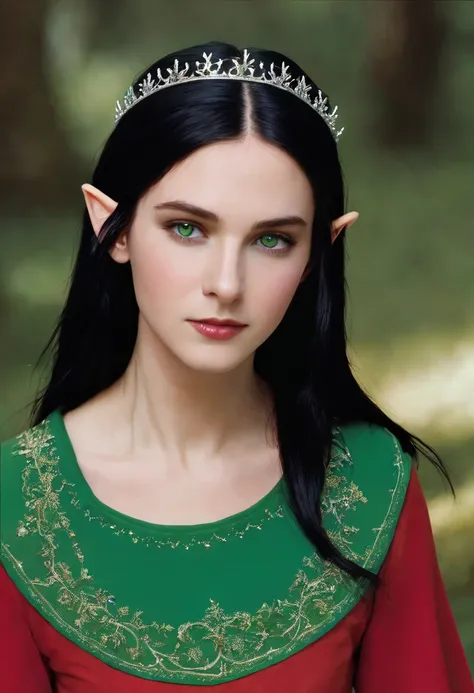 Elf, approximately 20 years old. Moss green eyes. long straight black hair. Red dress and crown