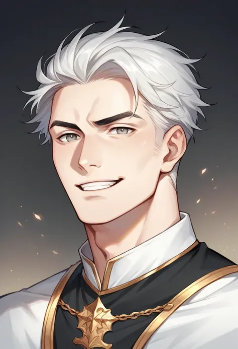 A realistic 20 year prince of darkness. He has grey eyes. Black and white hair. He is beautful but strong. Wearing all black prince outfit. Has a cunning mischievous smile.