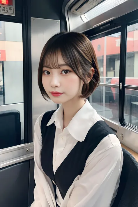 Create a close-up image of a beautiful Japanese woman who works as a bus guide with a seductive expression.。She wears a tight uniform、プロフェッショナルさとcharmを強調しています。Her hair was neatly tied up.、She has an elegant look with her short hair style.。The background is...