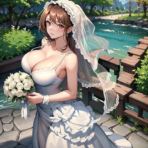 Huge breasts in a micro bra in a wedding dress with a lace neckline in the park with a veil and bouquet