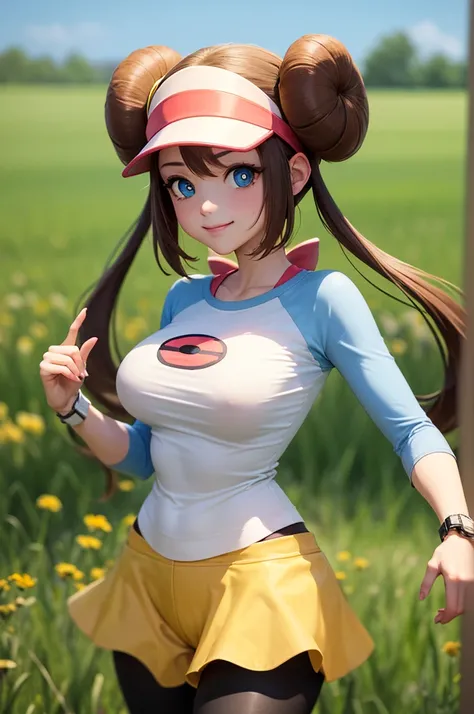 masterpiece, best quality, highres, ro1, hair bun, blue eyes, twintails, visor cap, pantyhose, raglan sleeves, yellow shorts, shirt, pink bow, wristwatch, standing, cowboy shot, field, poke ball (basic), smile, huge nude big breats 