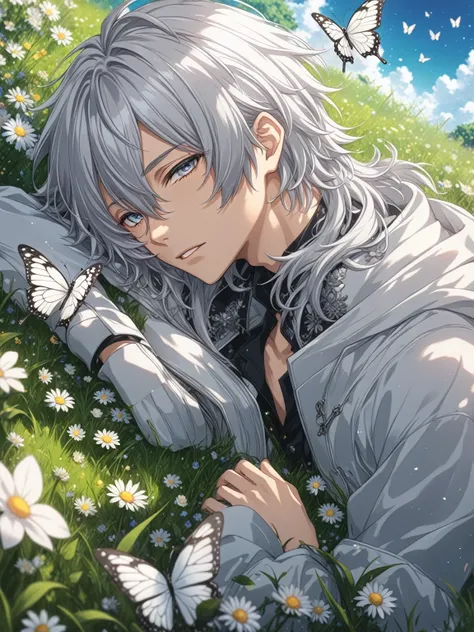 Anime boy lying on the grass with flowers and butterflies,Silver Hairのエルフ、 Beautiful Anime artwork, Detailed anime artwork, Gray-haired神, clean Detailed anime art, Beautiful Anime portrait, Detailed anime art, Detailed digital anime art, Detailed Key Anime...