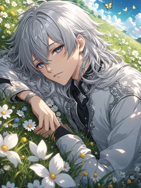 Anime boy lying on the grass with flowers and butterflies,Silver Hairのエルフ、 Beautiful Anime artwork, Detailed anime artwork, Gray-haired神, clean Detailed anime art, Beautiful Anime portrait, Detailed anime art, Detailed digital anime art, Detailed Key Anime...