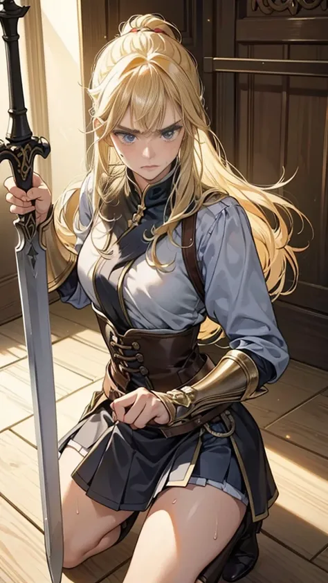 {{masterpiece}}, {{{best quality}}},{{ultra-detailed}}, {{illustration}},{{tall stature}},{{adult women}},((A sweaty and grumpy female swordsman)),Small breasts,Slender,{{armor}},((mini skirt)),Over-the-knee leather boots,　Get down on one knee　V-shaped eye...