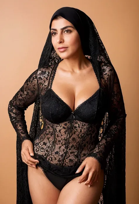 femme  mature dans une robe dentelle blanche , ((ROBE TRANSPARENTE NOIR.1.8 (soutient gorge dentelle blanc)) belle femme arabe, seins couverts, Beauté arabe, with gros seins, Tout en courbes. Expression détaillée, elle seins, seins et SFW, with a( GIGA SIE...