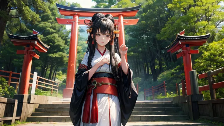 18-year-old girl、Black hair that grows to the waist、Japanese Shrine Maiden Costume、Praying、Daytime forest、Large Torii Gate