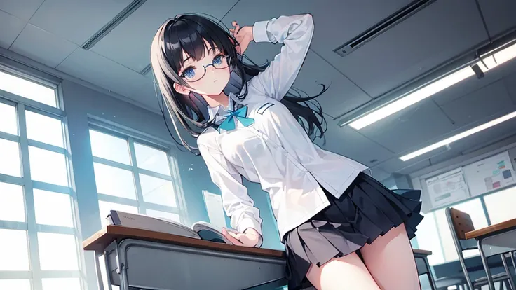 young girl, high , classroom, skirt, light blue eyes, black hair, glasses, quiet, elegant