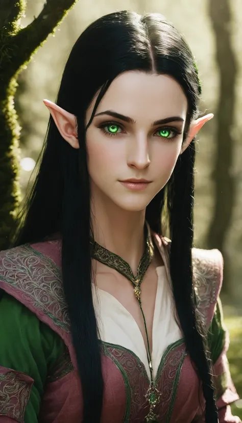 Extremely beautiful elf, approximately 20 years old. Moss green eyes. Long straight black hair. 