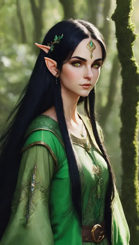 Extremely beautiful elf, approximately 20 years old. Moss green eyes. Long straight black hair. 